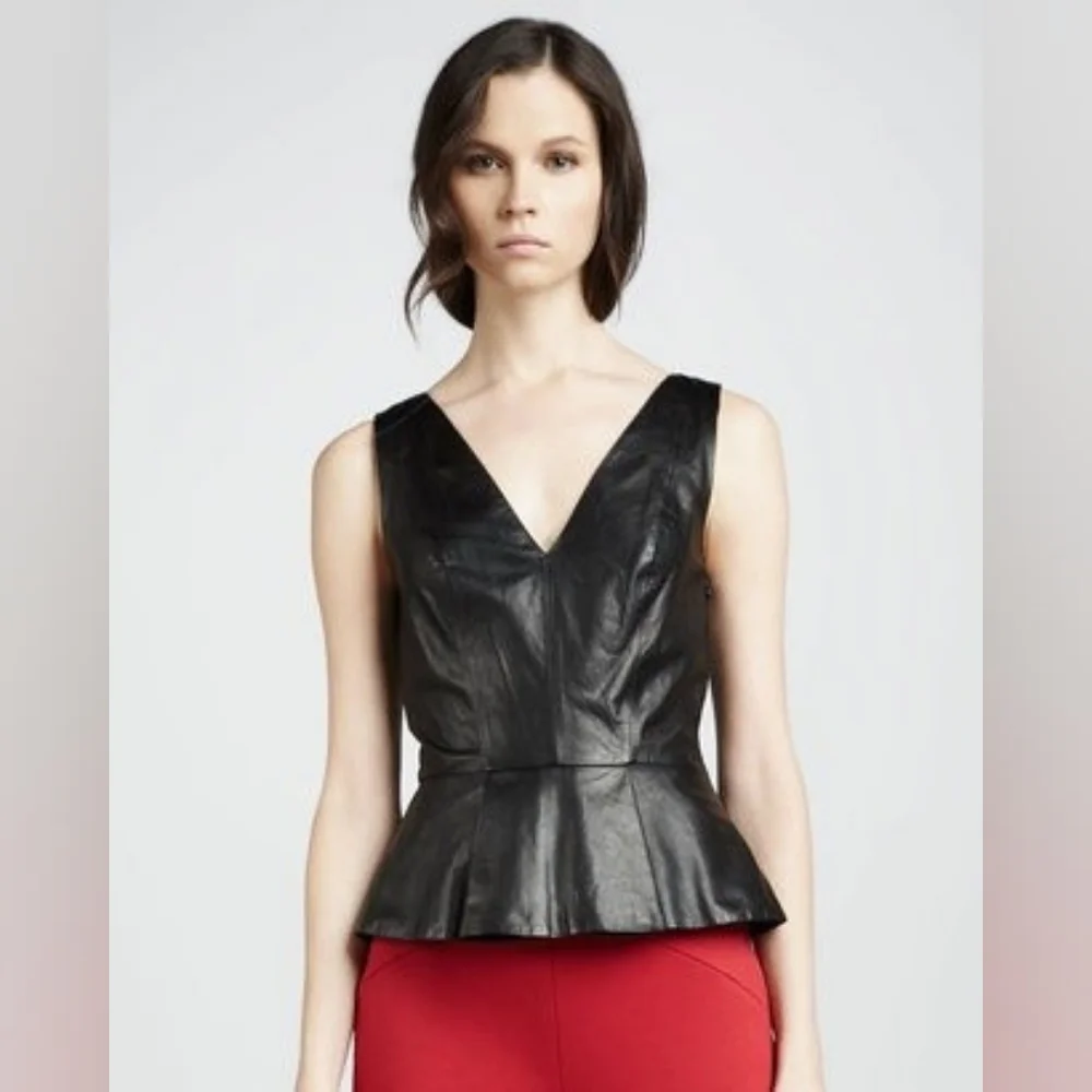 Robert Rodriguez Black V-Neck Leather Sleeveless Peplum Top Mesh Back Size 8 - Picture 3 of 9